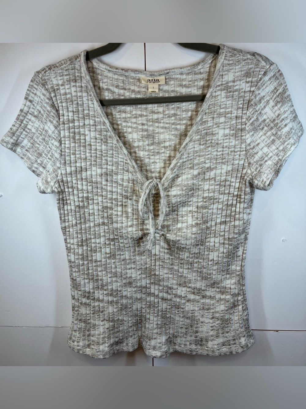 a.n.a A New Approach Women's Large Beige Cream Marled Ribbed Tie Front Knit Top